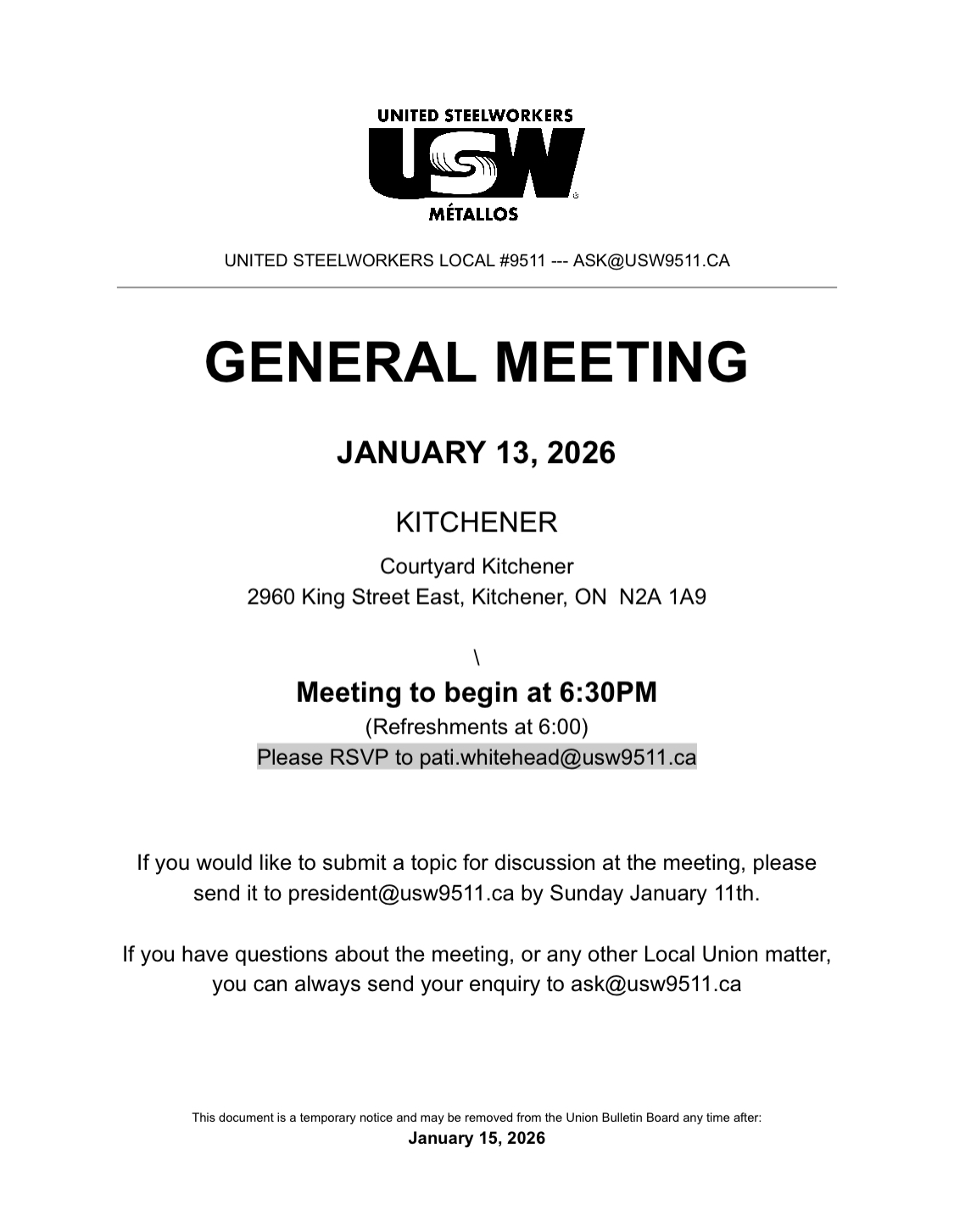 USW9511 General Meeting January 13, 2026 Kitchener