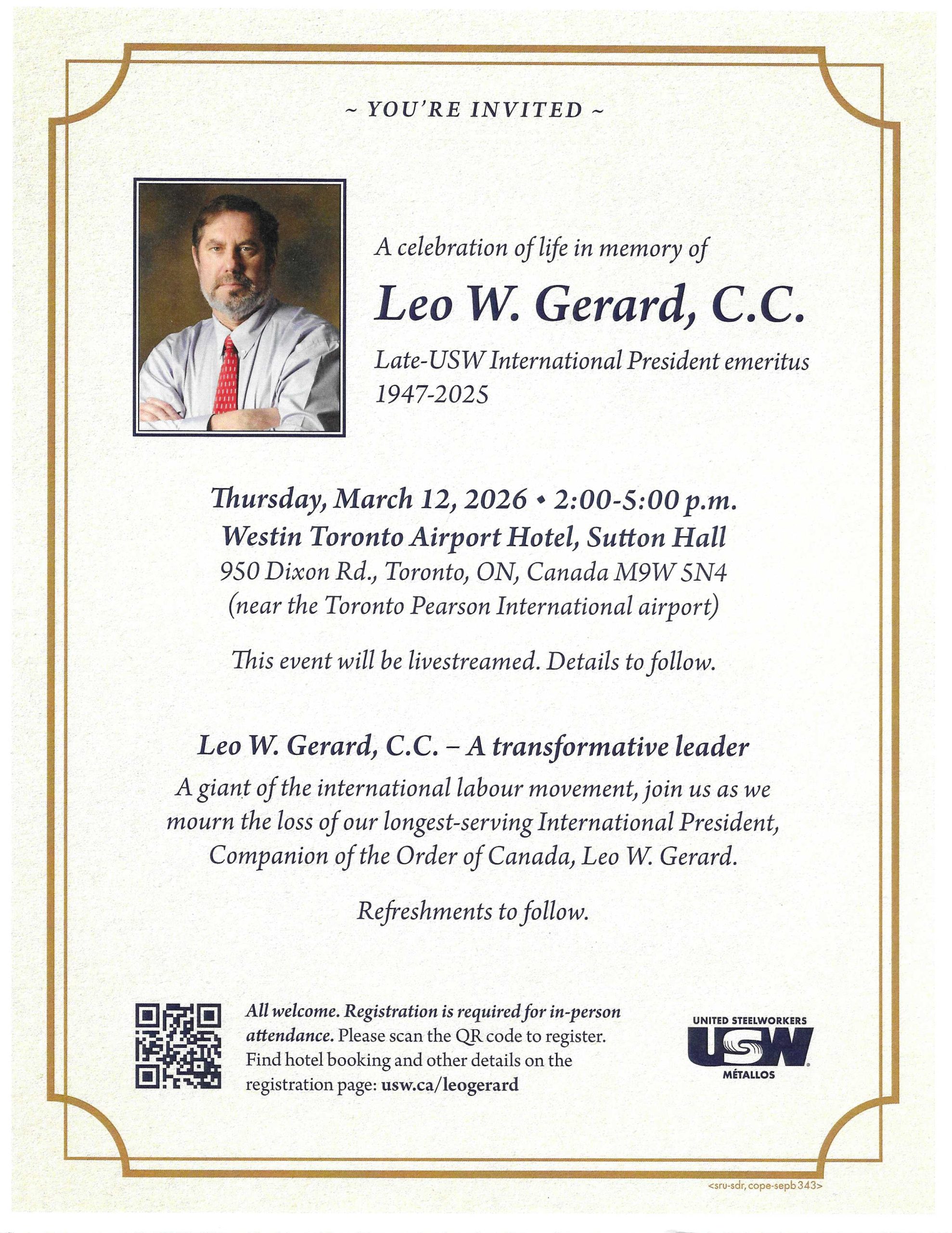 Leo W. Gerard Celebration of Life  March 12th, 2026