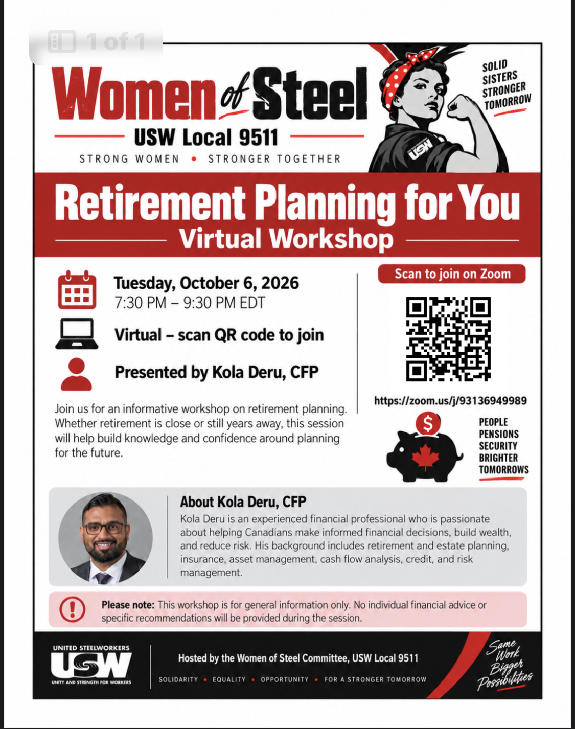 Women of Steel Retirement Planning Workshop Tuesday Oct 6th