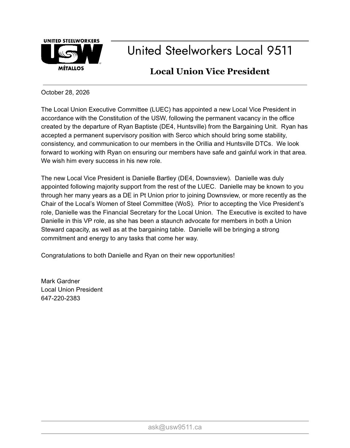 New Local Union Vice President